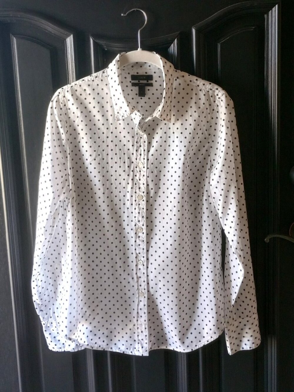 J CREW Women's Perfect White Black Polka Dot 100% Cotton Long Sleeve Shirt Sz 10